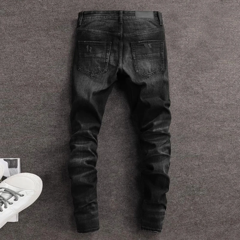 High Street Fashion Men Jeans Retro Black Gray Stretch Skinny Fit Ripped Jeans Men Bandana Patched Designer Hip Hop Brand Pants