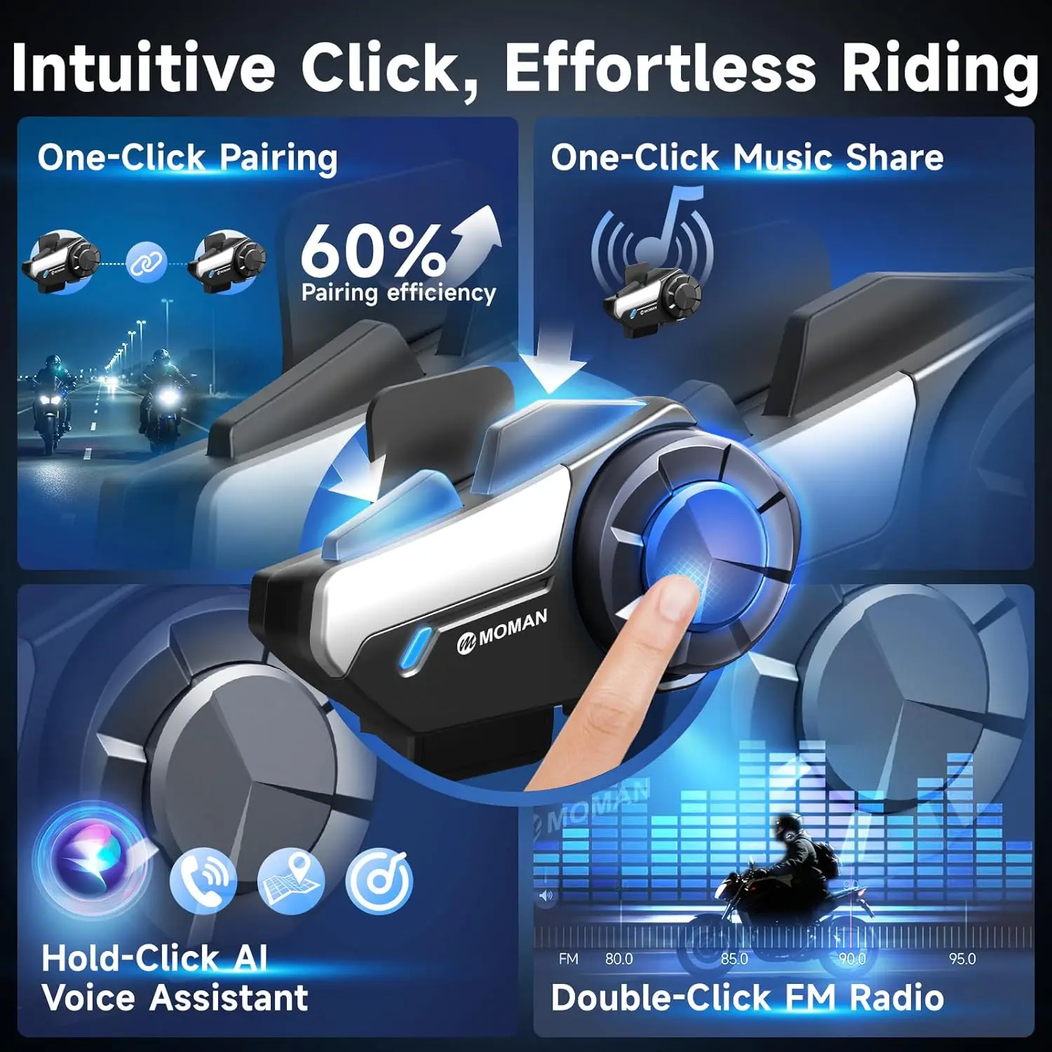 Moman Motorcycle Intercom H2S Motorbike Helmet Speaker 2-Way 1000M Communication Headset with Triple Noise Cancellation