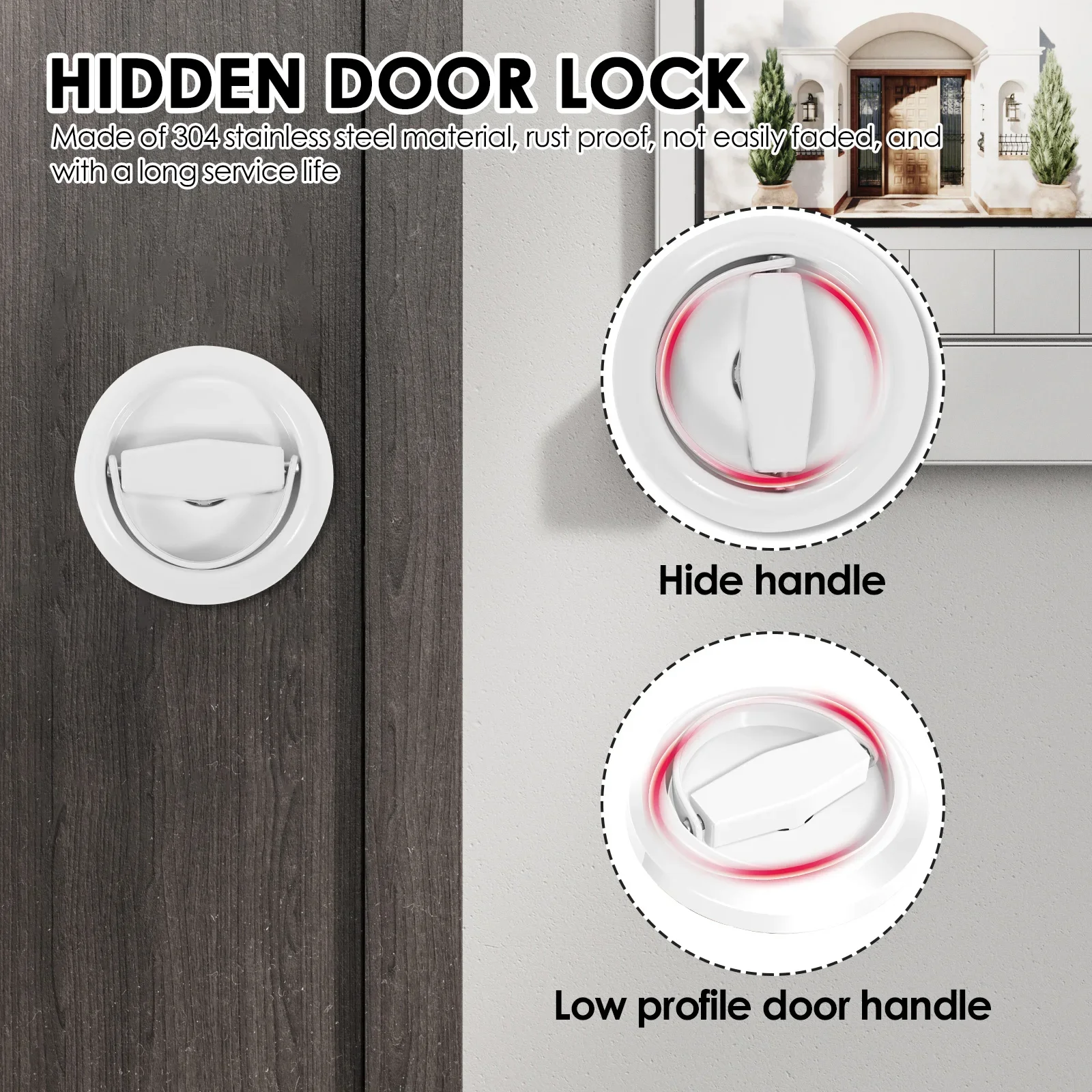 Recessed Door Lock 304 Stainless Steel Rustproof Hidden Door Handle Lock Keyless for Sliding Recessed for Living Bedrooms