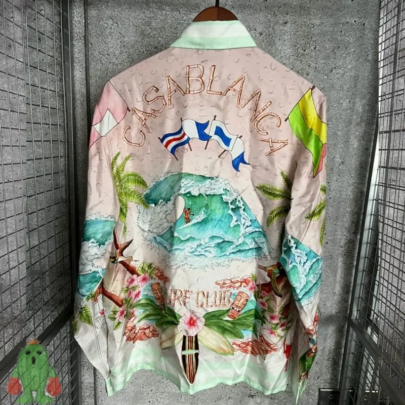 

Dropshipping CASABLANCA Shirts High Quality Long Sleeved Cardigan Casual Vacation Style Pink Hawaiian Shirt for Men Women