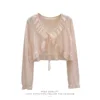 Pink Lace Chiffon Open Cardigan Women's Summer Thin Outerwear Sun Protection Clothing Sweet Sle Regular Sve Long V-Ne