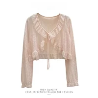 Pink Lace Chiffon Open Cardigan Women's Summer Thin Outerwear Sun Protection Clothing Sweet Sle Regular Sve Long V-Ne