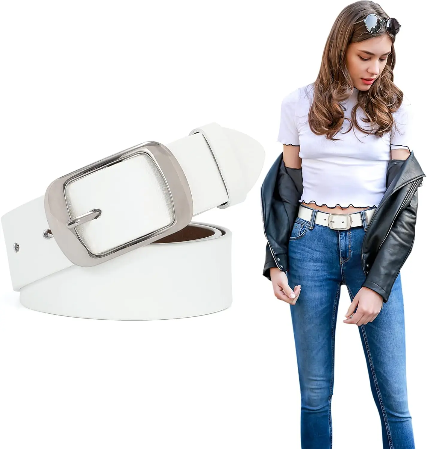 

Women belt fashion Soft Leather Waist Belt high-end silver pin buckle design suitable for jeans belt adjustment