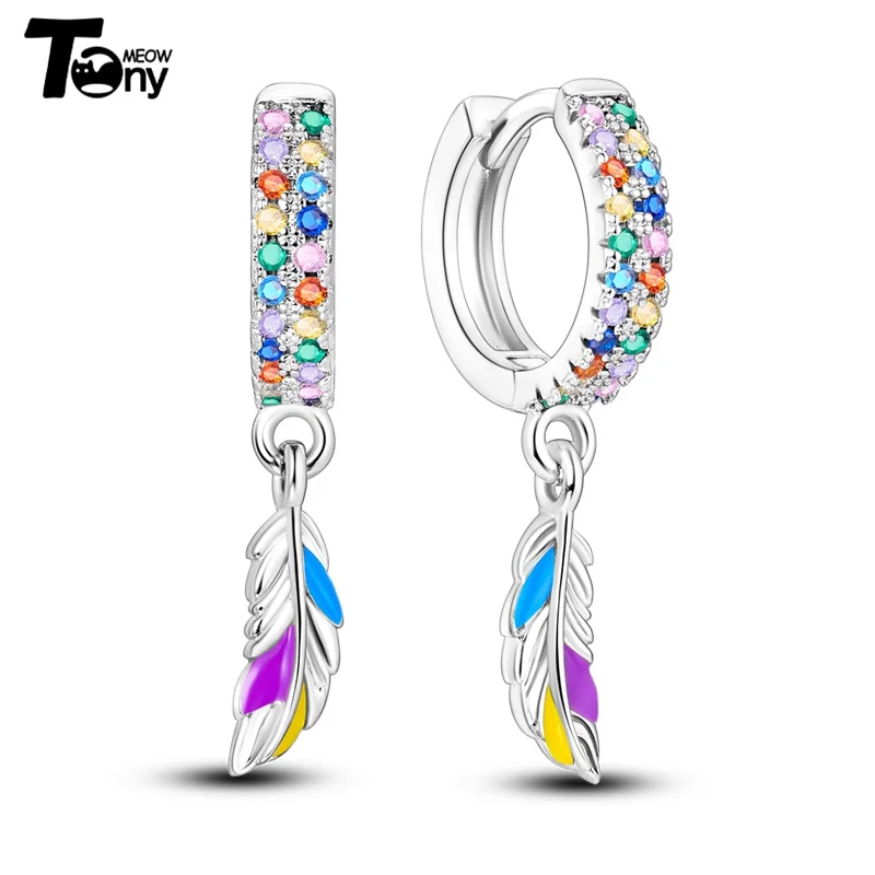 925 Sterling Silver Hoop Earrings For Women Star Moon Paint Feather Musical Note Colorful Zircon Fashion Earrings Women Gift