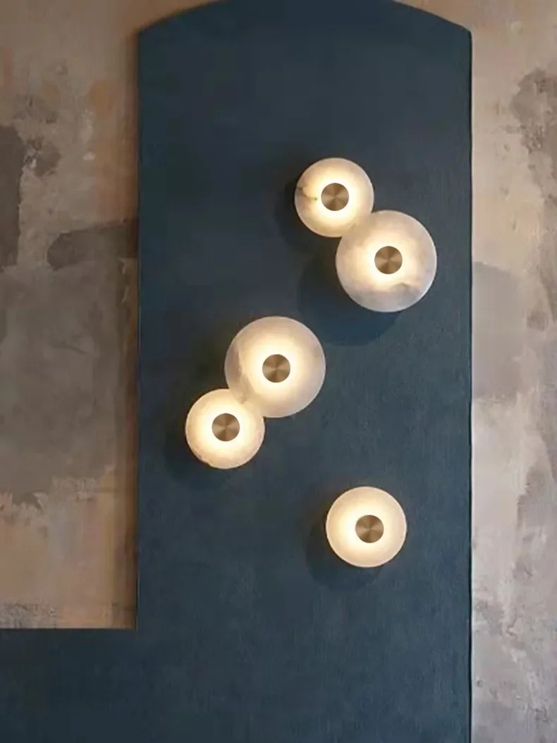 Luma Natural Alabaster Stone LED Wall Lamp, Round Marble Copper Sconce Light for Foyer TV Background Bedside Staircase Decor