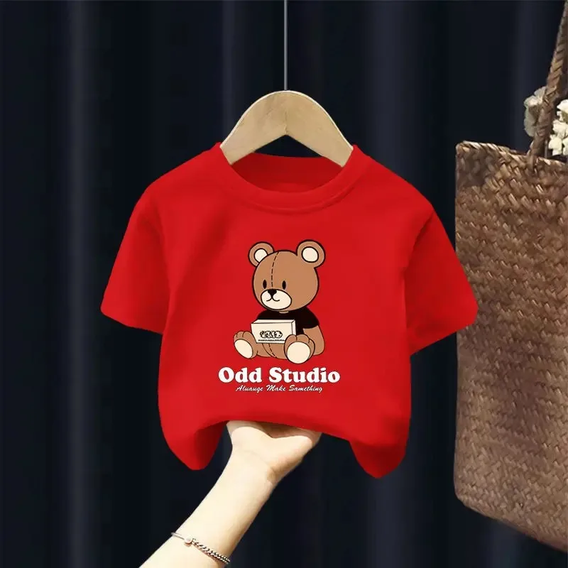 귀여운 곰 프린트 반팔 티셔츠, 트렌디 100% 코튼 티셔츠, 소년 소녀, 3T-14T 탑