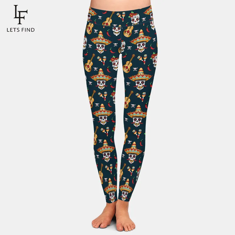

LETSFIND 2020 High Quality Women Leggings Mexican Sugar Skulls with Chili Pepper Print High Waist Fitness Leggings