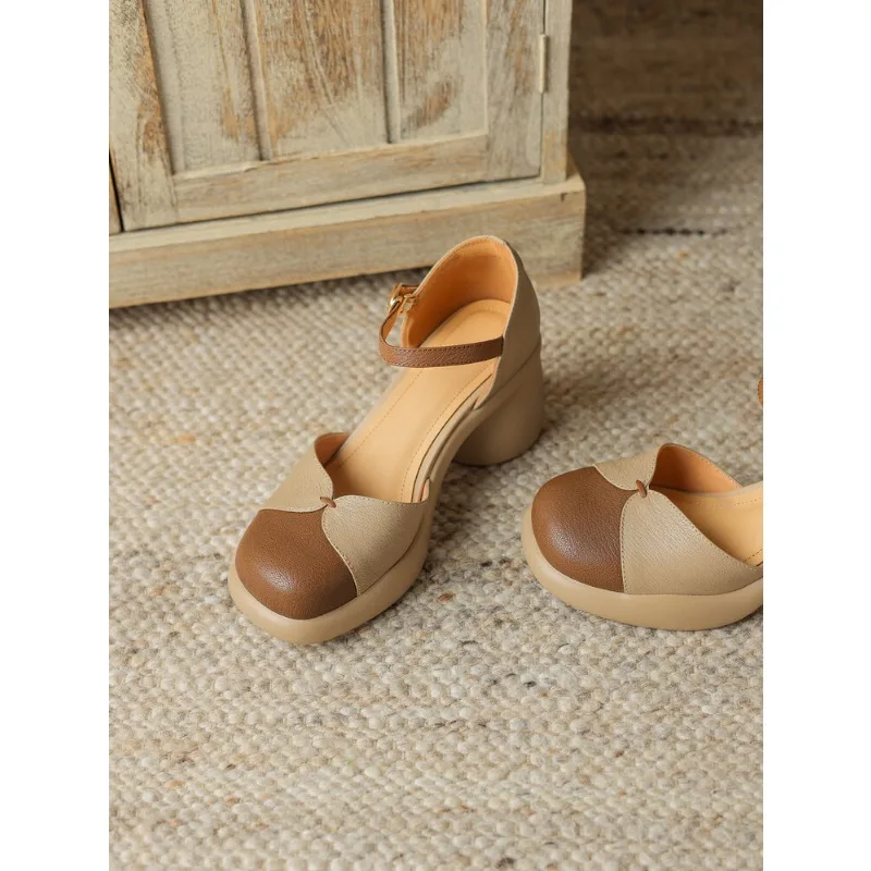 Retro genuine leather hollowed out high thick heels with thick soles, one line buckle, wrapped toe sandals for women