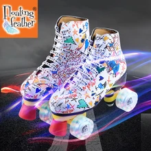 

2022 Printed Black Lace-Up Artificial Leather Adult Double Row Roller Skates With Flash PU Wheel Brake Woman Man Roller Shoes