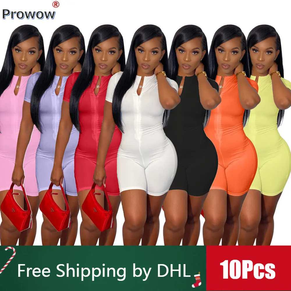 10PcsBulkWomenBodyconRompersSolidShortSleeveBodysuit2023