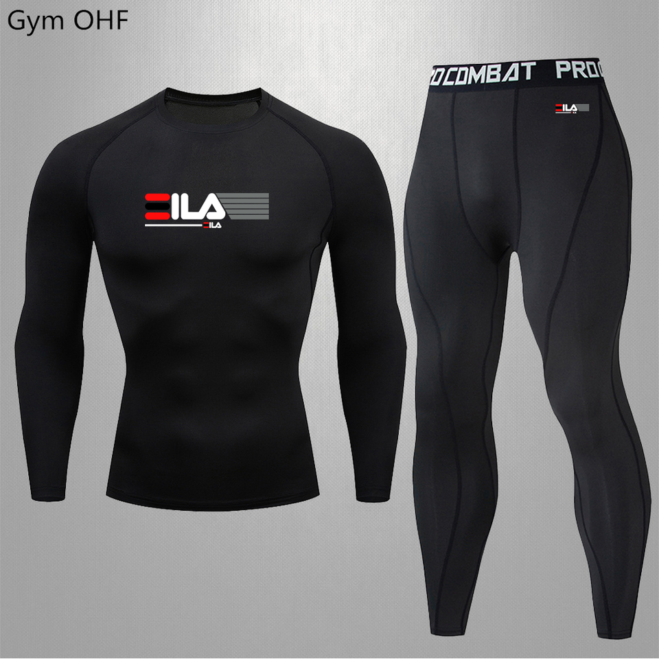 Men's T-shirt Set Long Sleeved Pants Classic Print Comfortable High Elasticity Tight Fitting Exercise Sweat Absorption GYM Suits