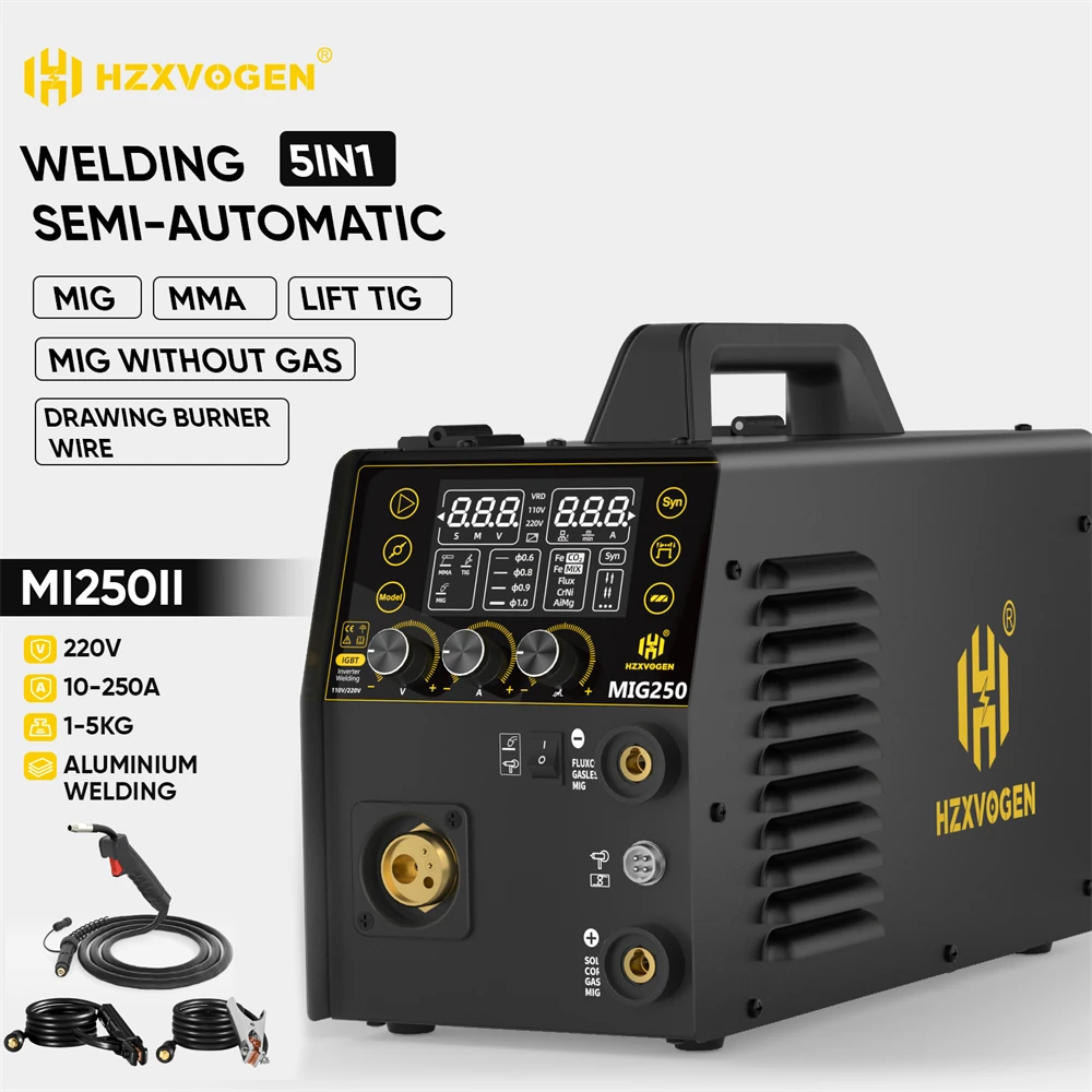 HZXVOGEN 250A 5 in 1 Aluminum Welding Machine ARC/Gas Gasless MIG/LIFT TIG Spot Welding Portable Welder for Home Industrial Use