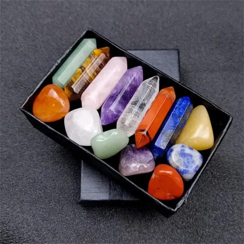 14pcs Natural Stone Chakra Crystal Column Set Color DIY