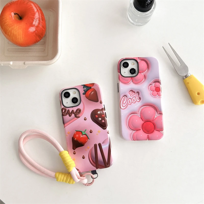 Choco Strawberry Phone Case Two-In-One Film Protective Shell For iPhone 15 14 13 12 11 Pro Max Plus Mini