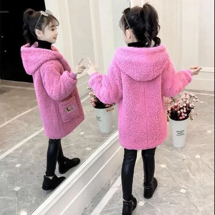 

4-13 Yrs Old Children Clothes Wool Coat For girls Autumn Winter Plus Velvet Thicken Hooded Jacket girl Windbreaker Kids Overcoat