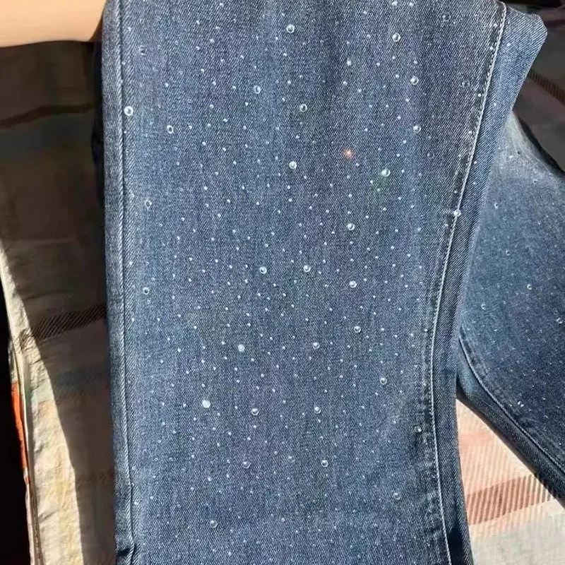 Fashion Embroidered Diamond Baggy Jeans Women Korean Style High Waist Wide Leg Streetwear Trousers Women's Casual Denim Pants