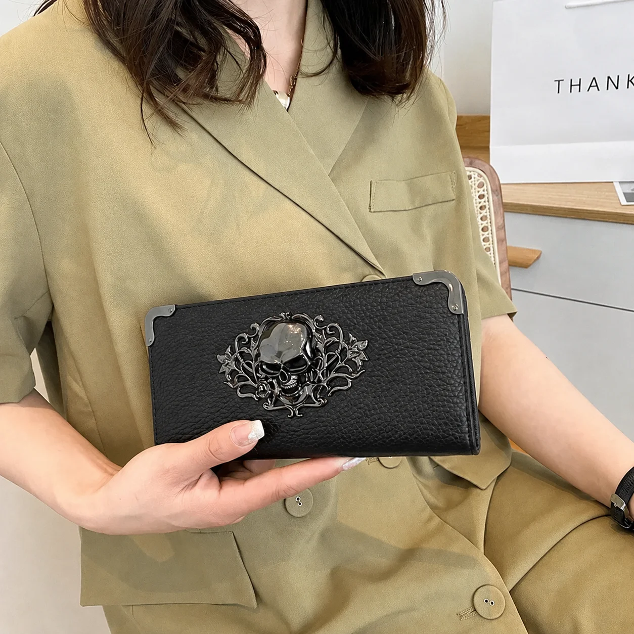 Unisex Lange Männer Frauen Geldbörse Punk Schädel PU Leder Brieftasche Zipper Clutch Tragbare Casual Dame Bargeld Geldbörse Brieftasche