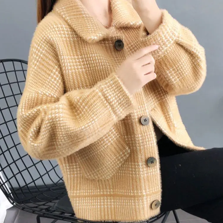 2023 Autumn Winter New Mink Down Plaid Short Oblique Pocket Cardigan Coat Women