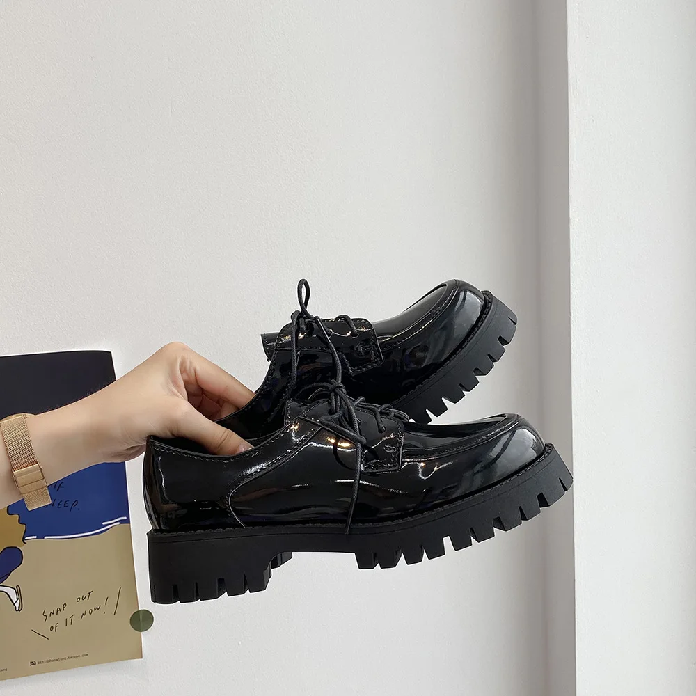 British Small Leather Shoes Women's Platform Heels Sexy Autumn New Retro Thick-soled Lace-up Shoes