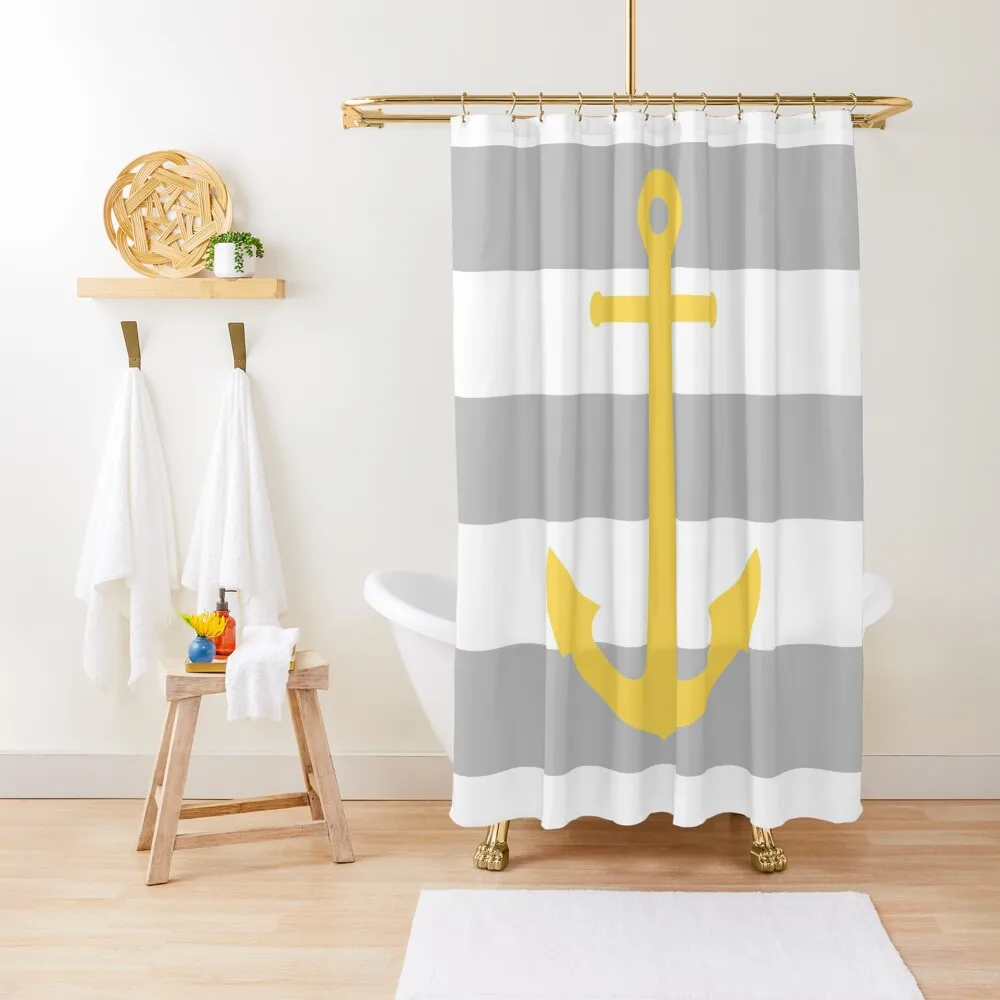 

Nautical Mustard Yellow Anchor On Silver Gray Stripes Shower Curtain Anime Bathroom Shower Waterproof Curtain