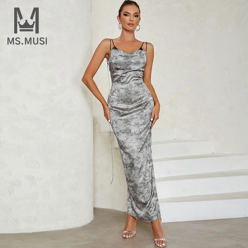 

MSMUSI 2023 New Fashion Women Sexy Strap Printing Draped Sleeveless Backless Bodycon Party Club Event Satin Maxi Dress Long Gown