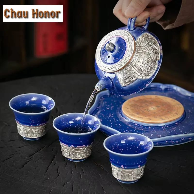 Handmade 999 Gilded Silver Tea Tureen High End Relief Non Hot Tea Bowl Chinese Tea Brewing Kettle Kung Fu Teaware Utensil Gifts