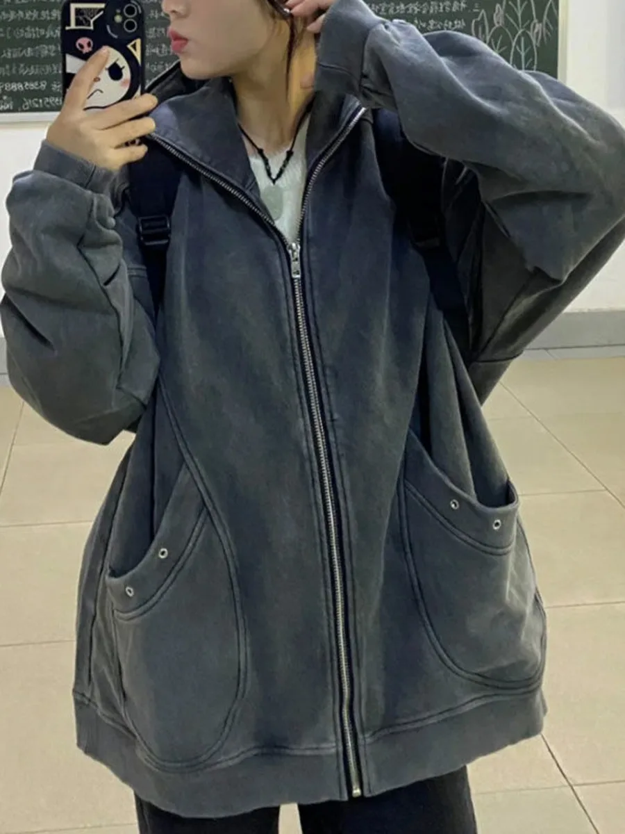 

Vintage High Street Y2k Jackets Hooded Pockets Zipper Solid Color Long Sleeve Coats Harajuku Autumn Casual Loose Women Clothing
