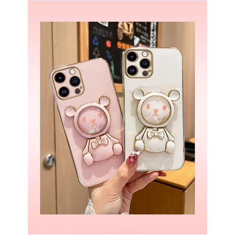 Coque de téléphone avec support de téléphone, miroir de sable mouvant, ours mignon, pour iPhone 14 11 12 13 Pro Mini 8 7 6 6S Plus 10 X Xr Xs Max Se_voghion.com