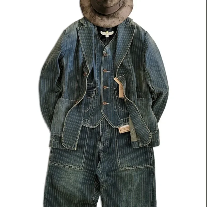 Amekaji Wear Clothes Men Cotton Striped Denim Casual Suit Jacket Retro Washed Distressed Niche Good Quality 5