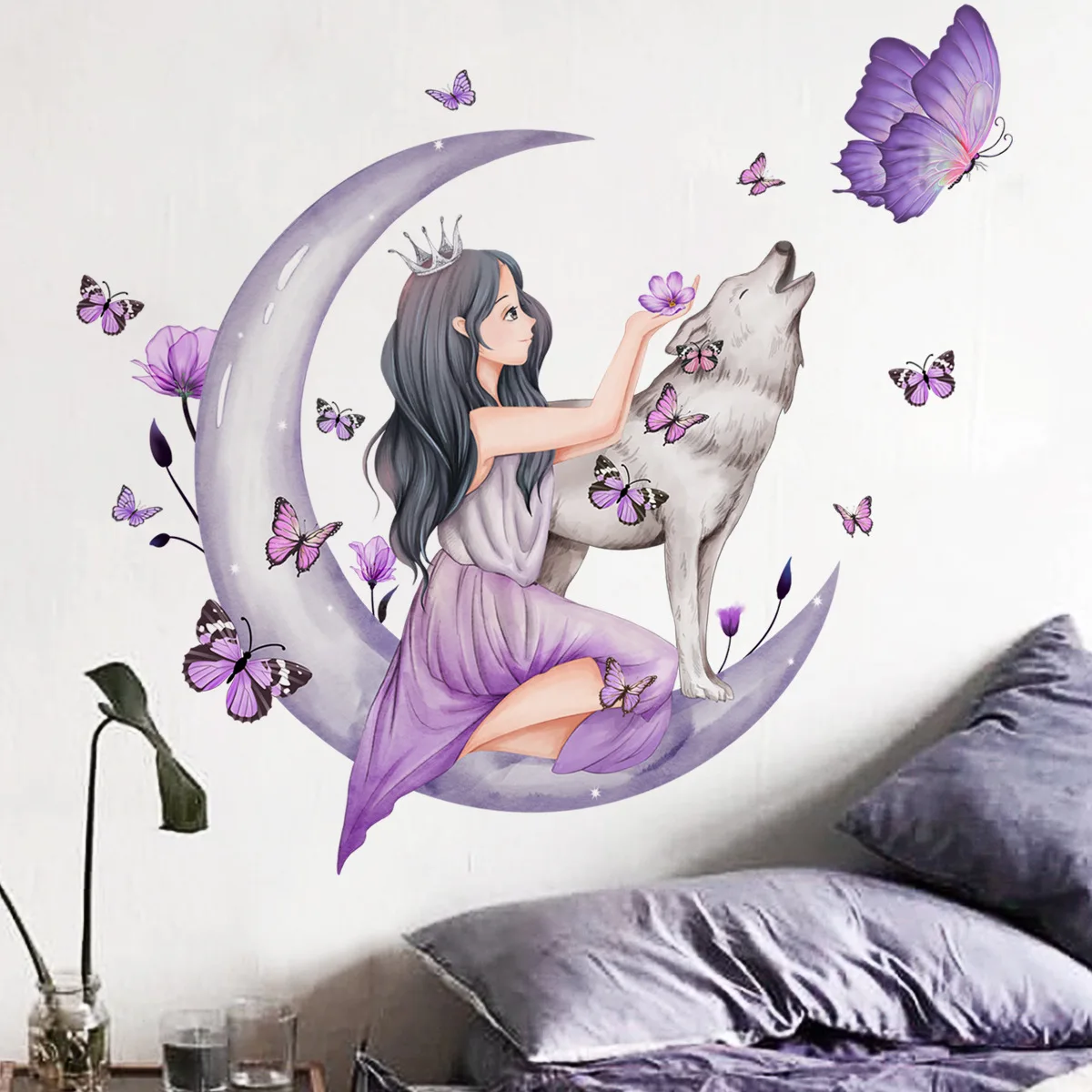 Autocollant mural auto-adhésif en PVC, fille, loup, lune grise