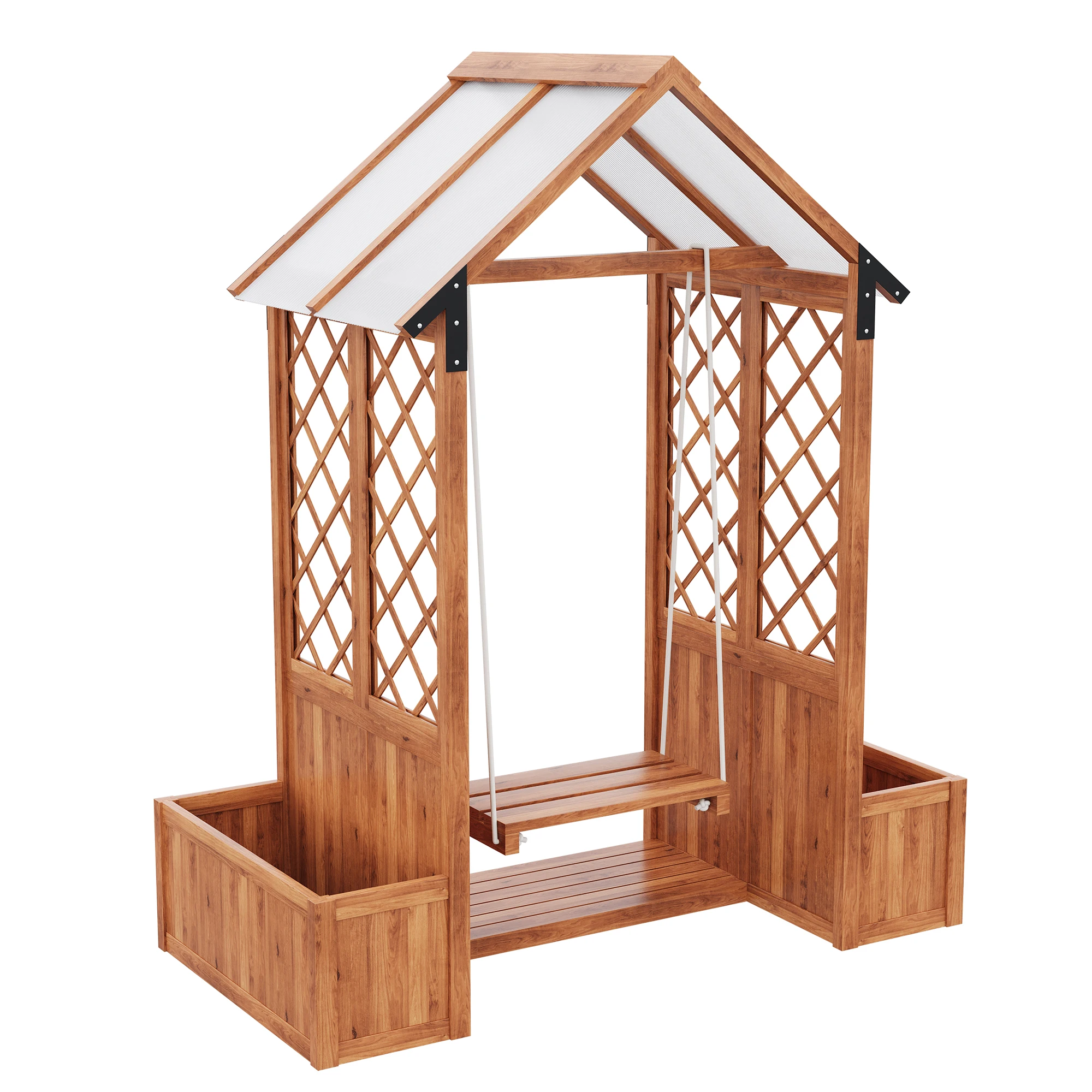 Hängender Blumentopf für den Außenbereich mit Rankgitter und Polycarbonat-Sonnenschutz. Braunes Massivholz, ideal für Garten, Hof und Terrasse. – Detail 20