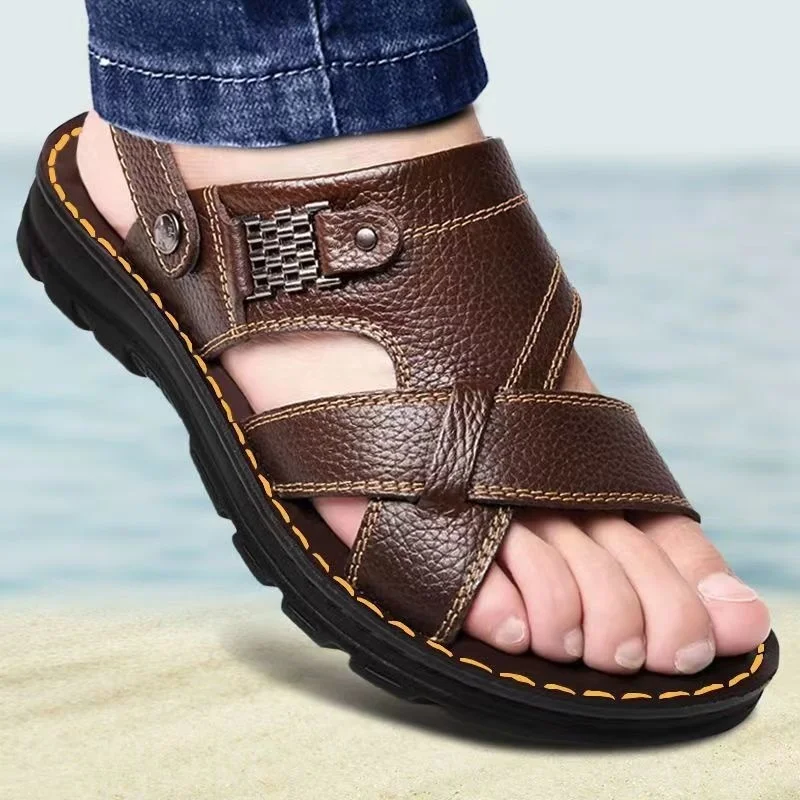 2024 New hot sale Men's Sandals Non-slip Genuine Leather Sandals Soft Slippers  Flat For Mens Casual Shoes Sandalias MSA501