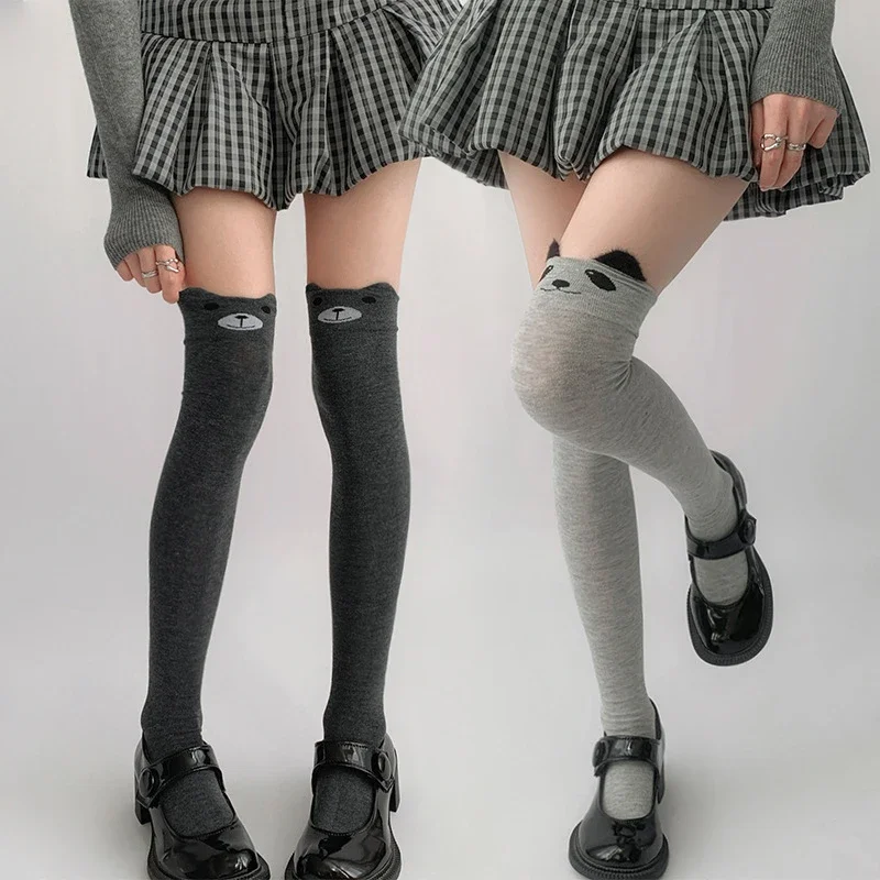 Women's Cotton Cat Bear Printed Stockings JK Japanese Style Cute Knitted Over The Knee Socks Thigh High Warm Thicken Long Sock