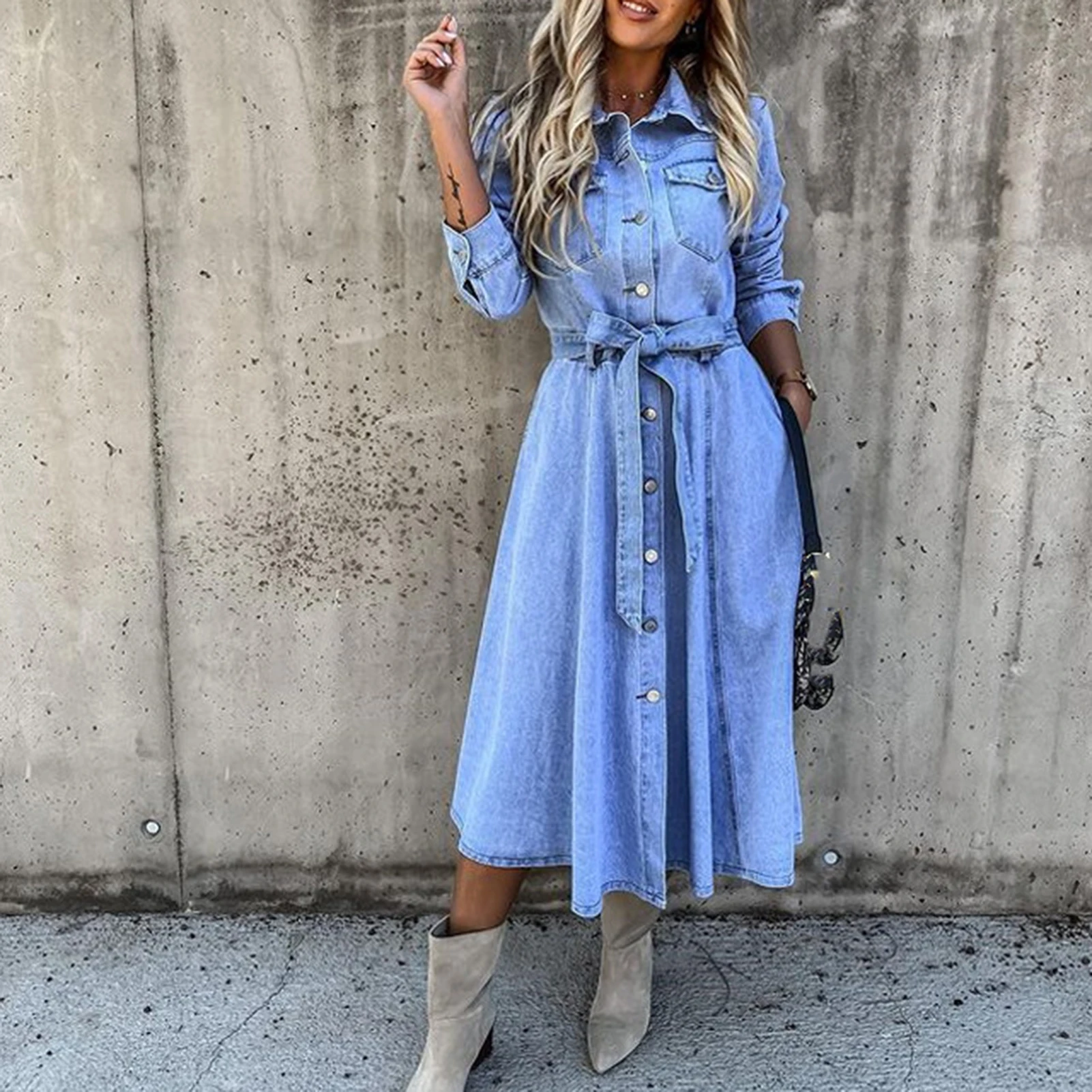 Vestido Vaquero Maxi Vestidos De Mezclilla Largos Vestido Camisero