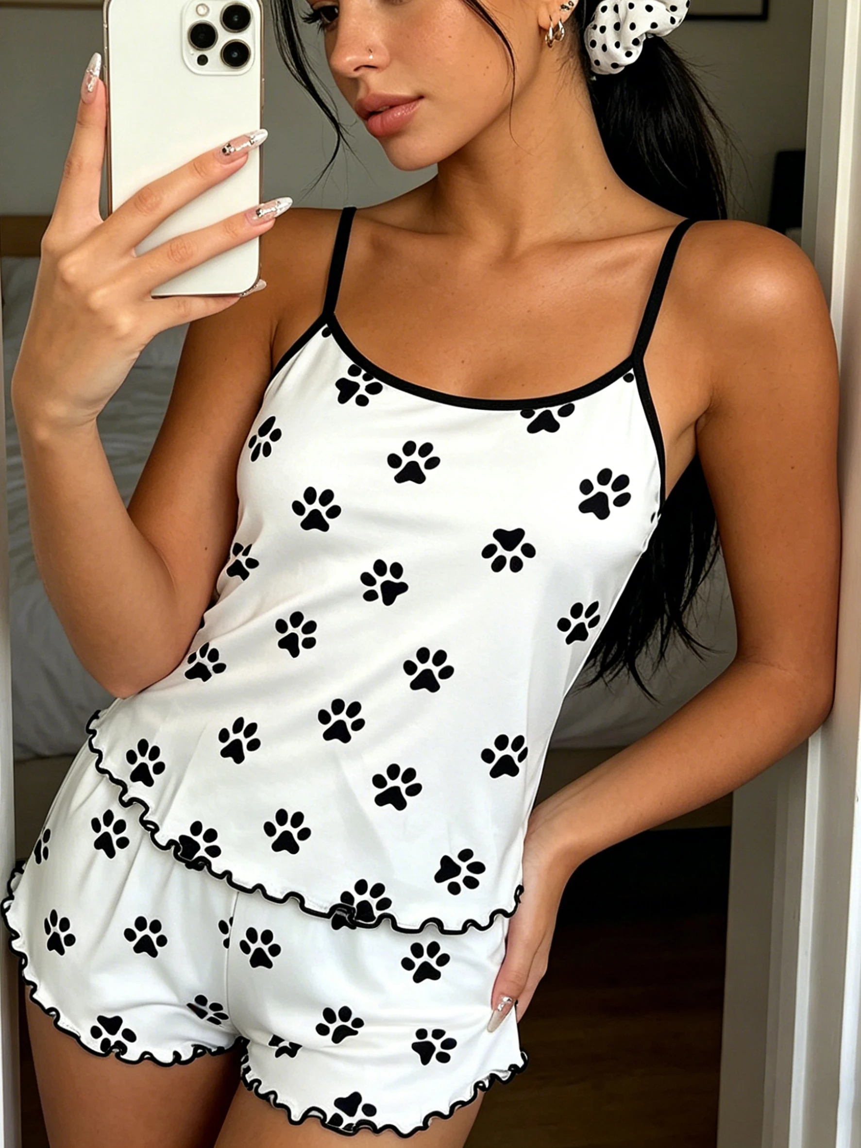 Women 2pcs Pajama Set Spaghetti Strap Ruffle Trim Round Neck Sleeveless Cami & Shorts Spring Summer Fall Cute Paw Print 1