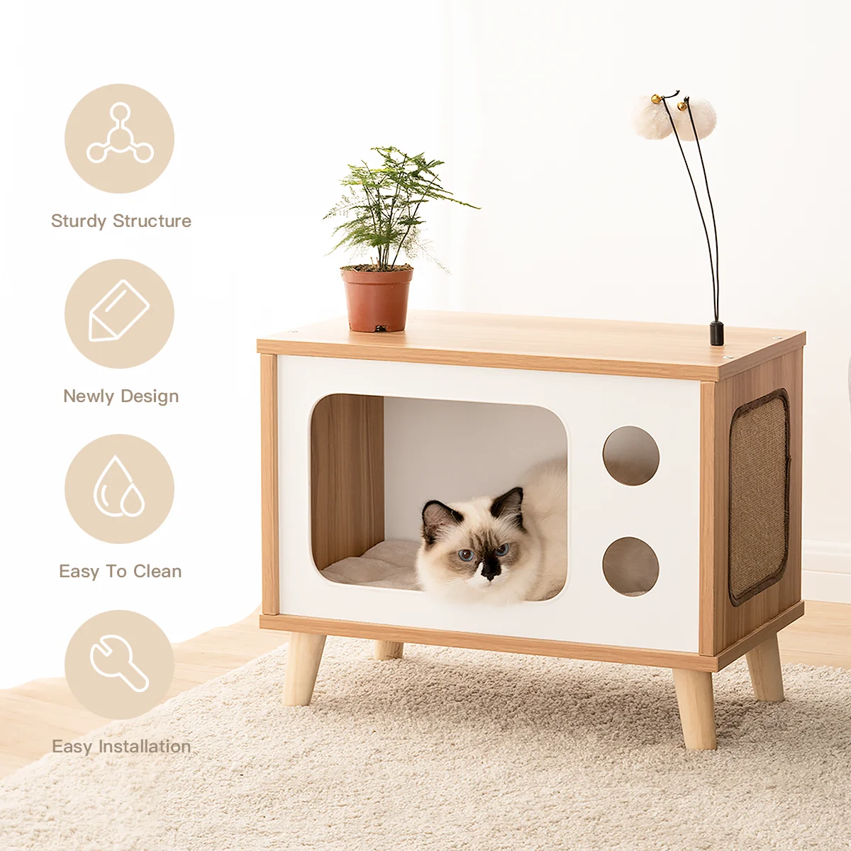 Mewoofun Cat House Wooden Condo Bed Indoor TV-Shaped Sturdy Large Luxury Cat Shelter Furniture with Cushion Cat Scratcher US 3