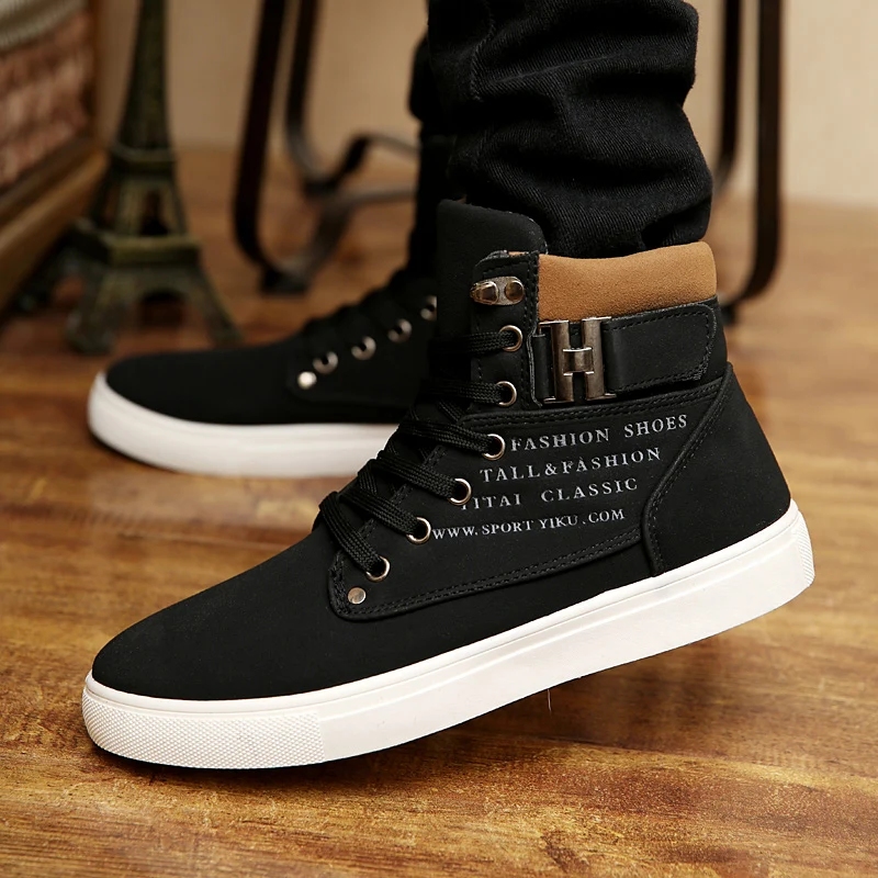 Black New Fashion Men Shoes High Top Men Casual Shoes Lace Up Breathable for