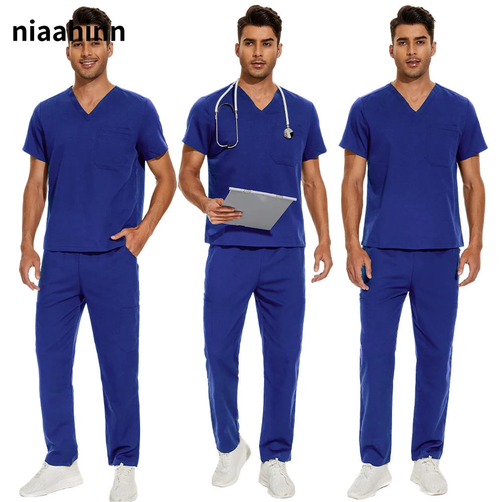 Short Sleeve Mens Scrub Uniforms Doctor Overcoats Dentist Set Medical Tops Pants Man or Women
