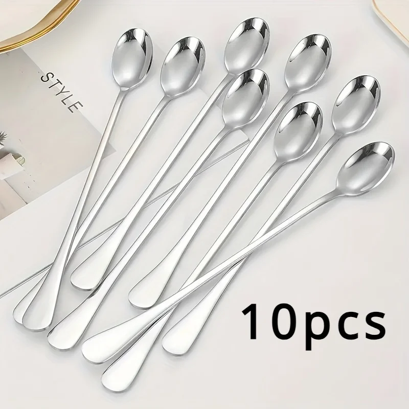Stainless Steel 1/10pcs Long Handle Spoons Set - Dishwasher Safe, Ideal for Ice Cream, Coffee, Tea Stirring Kitchen Utensils
