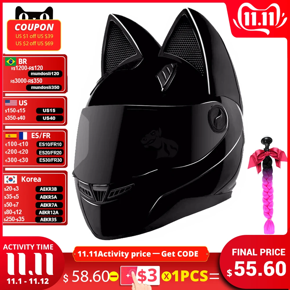 NITRINOS フルフェイスヘルメット 猫耳 オートバイ 狐マスクの