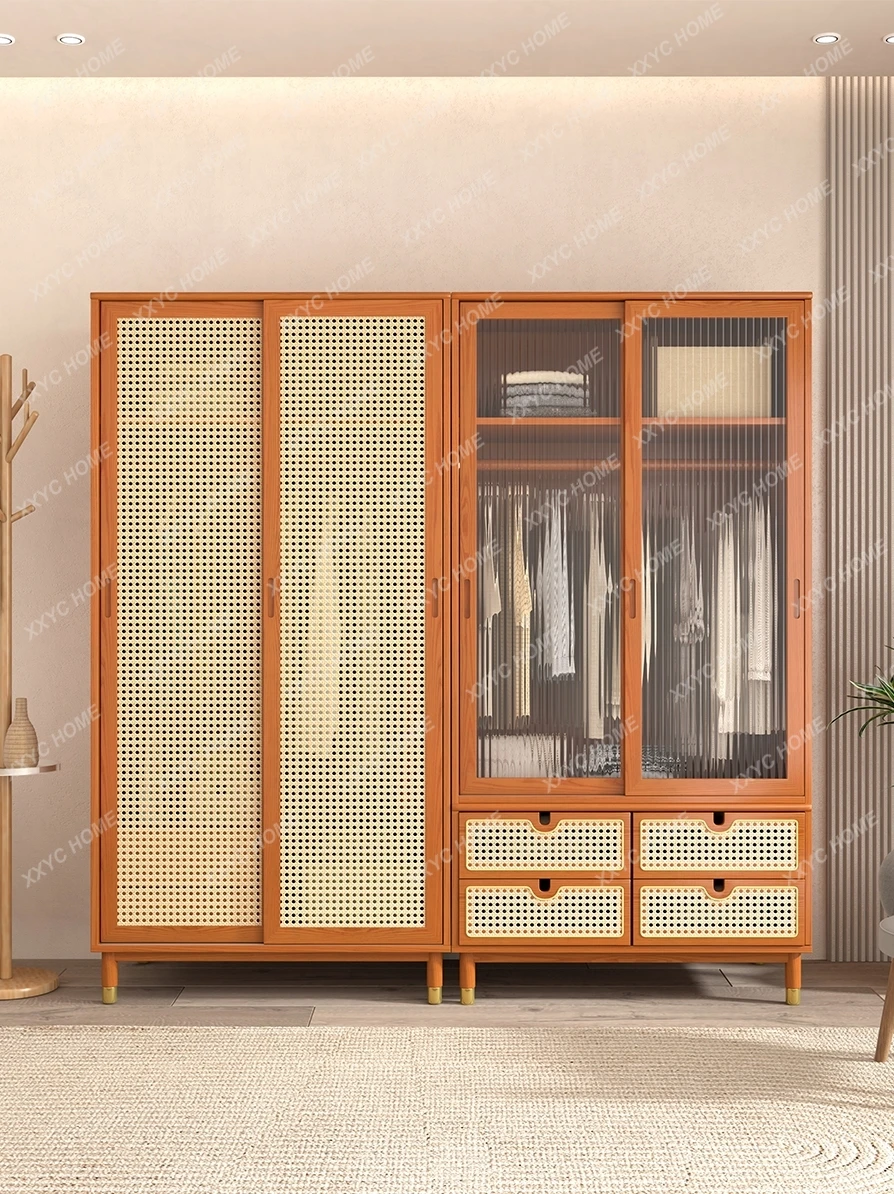 

Solid Wood Double-Door Closet Bedroom Storage Locker Household Sliding Door Rattan Wardrobe