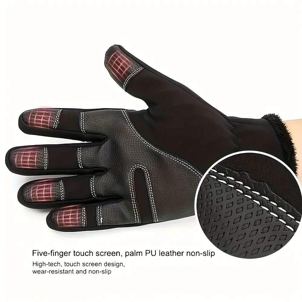 1 Pair Winter Velvet Touch Gloves-Windproof, Touch Screen Compatible, Knit Fabric, Blend, Zipper Closure for Men and Women
