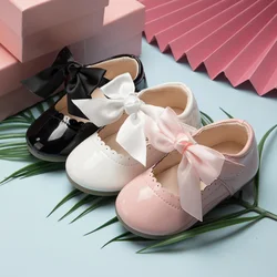 2023 Kids Leather Shoes Girl Pink Bow Children's Girl Princess Party Shoes Flat Rubber Sole Detachable Dress Shoes