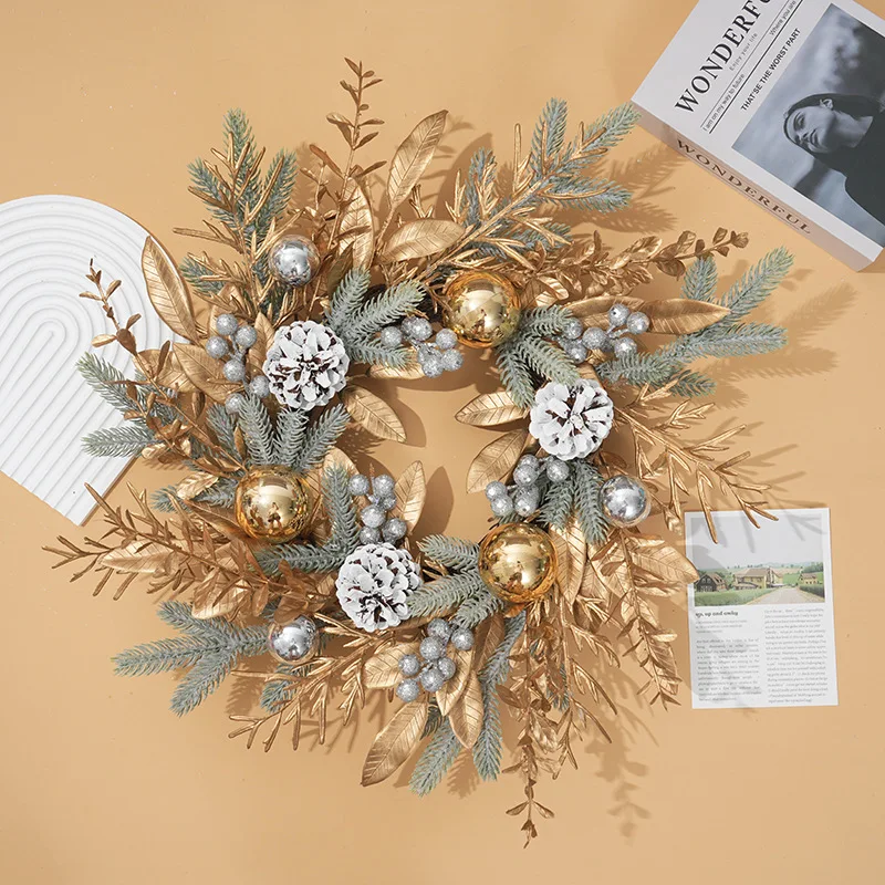 Christmas Wreath Pine Cones Snow Frost Pine Needles Golden Branches and Leaves Electroplated Ball Rattan Circle Door Hanging