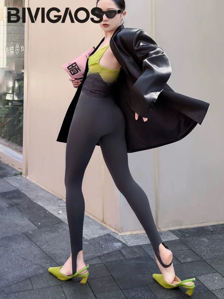 BIVIGAOS Spring Summer Fashionable Trend Sharkskin Stirrup Leggings Women Thin Stretch Tight Fit Casual Sport Fitness Leggings 3