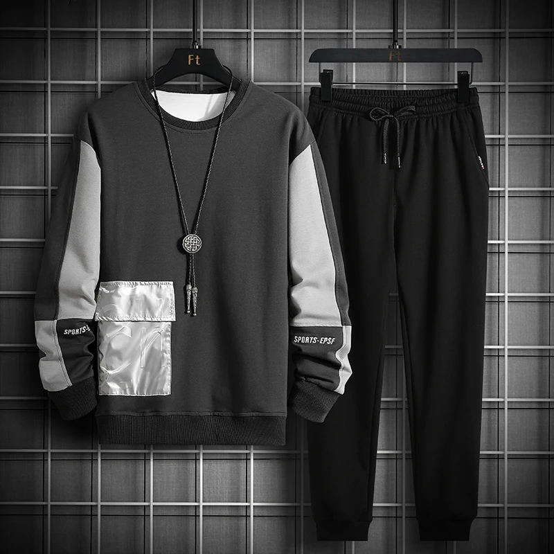 

2023 Autumn Men's Casual Sets Round Neck Pullovers and Pants Two Peice Set New Fashion Patchwork Sleeve Mens Fitness Sports Suit