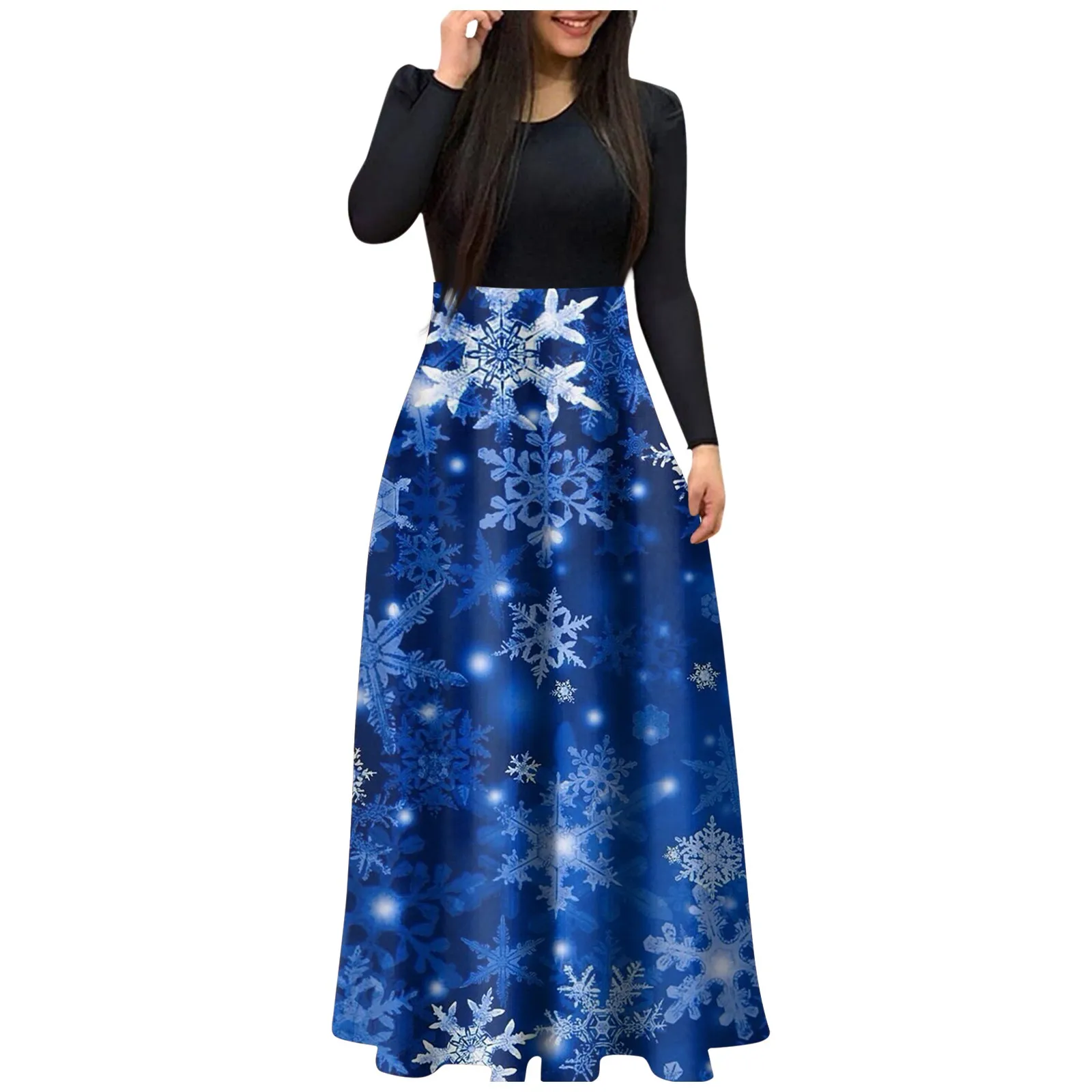 

Women's Fashion Christmas Dress Casual Slim Print Hem Long Sleeve Dress Fashion Ladies Round Neck Clothing 2023 Fall Winter
