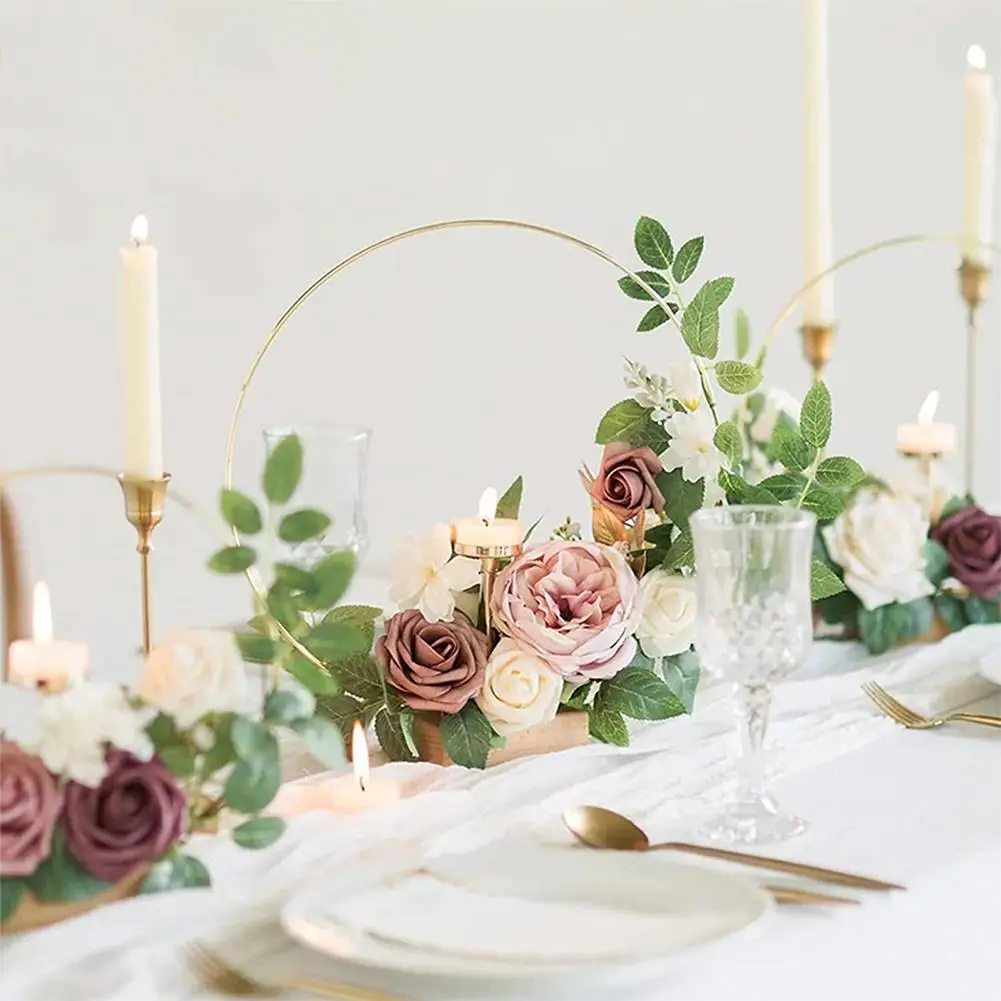 Metal Hoop Centerpiece 10Pcs 12 Inch Round With Wooden Stand Decorative Props Crafts DIY Wedding Event Party Decor