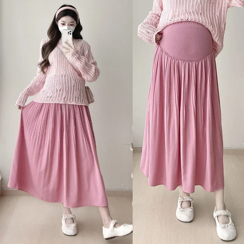 Factory Price Korean Style Fashion Maternity Belly Skirts Long Loose High Waist Pregnant Woman Empired Pleated Skirt Maxi Skirt