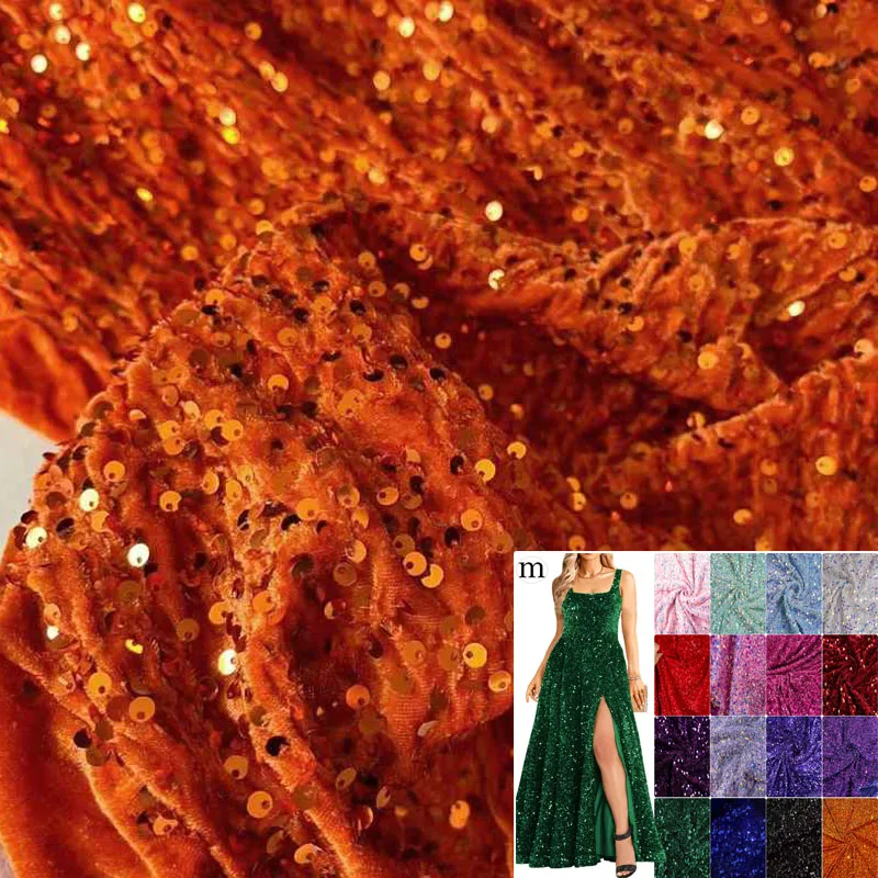 Vibrant Orange Pink Stretch Velvet Sequin Fabric for Apparel and Decor Projects